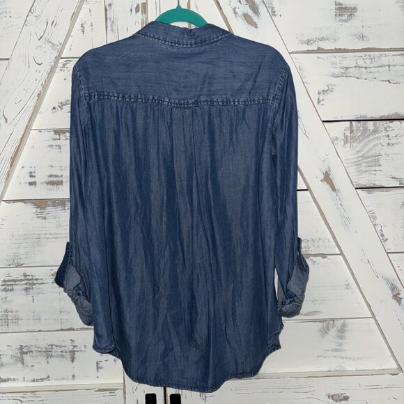 NEW Intro blue chambray Dark Wash preppy Ruched coastal button front top Large - Picture 7 of 8